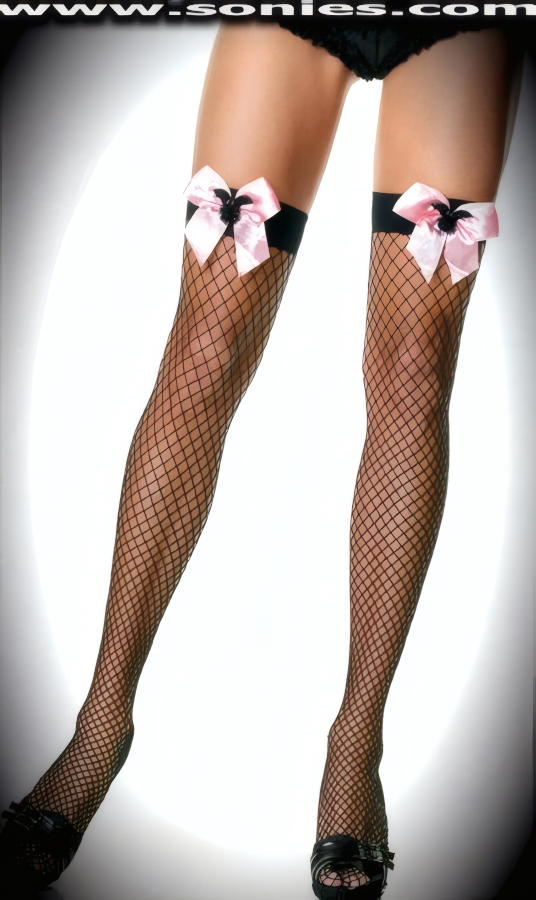 Tempestuously sexy and none concealing in this Pythia industrial net thigh high stockings with large light pink satin bow appliqu�, plus black plush bat charm with rhinestone eyes detailing. These thigh high stockings are sure to make every woman feel glamorous. They have an elasticized top band, which keeps them up reasonably well (12% Lycra, 88% Nylon exclusive of trim. Hand wash cold and drip dry, no bleach). May be worn with stiletto heel shoes or boots to create a phenomenal look. This style is perfect for stage, life style events, pride week, monthly play parties, fetish events, adult alternative lifestyle gatherings, bachelor parties, club wear, nightclubs, dance clubs and gentleman's clubs.   Style: HOQ-9044