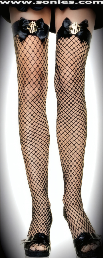 Heart hammering in this magnetizing Tahani industrial net thigh high stockings with large black satin bow appliqu�, plus gold dollar sign with eye-captivating rhinestone detailing. These thigh high stockings are sure to make every woman feel glamorous. They have an elasticized top band, which keeps them up reasonably well (12% Lycra, 88% Nylon exclusive of trim. Hand wash cold and drip dry, no bleach). May be worn with stiletto heel shoes or boots to create a phenomenal look. This style is perfect for stage, life style events, pride week, monthly play parties, fetish events, adult alternative lifestyle gatherings, bachelor parties, club wear, nightclubs, dance clubs and gentleman's clubs.   Style: HOQ-9055