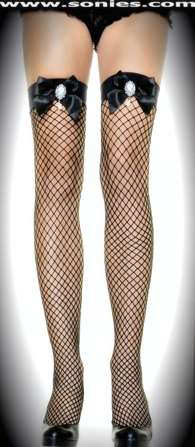 Every move you make is sure to thrill wearing these stunning Amaya industrial net thigh high stockings with large black satin bow appliqu�, plus eye-captivating Cameo detailing. These thigh high stockings are sure to make every woman feel glamorous. They have an elasticized top band, which keeps them up reasonably well and can be worn in conjunction with your favorite garter belt (100% Nylon, exclusive of trim. Hand wash cold and drip dry. Do not bleach). May be worn with stiletto heel shoes or boots to create a phenomenal look. This style is perfect for stage, life style events, pride week, monthly play parties, fetish events, adult alternative lifestyle gatherings, bachelor parties, club wear, nightclubs, dance clubs and gentleman's clubs.   Style: HOQ-9056