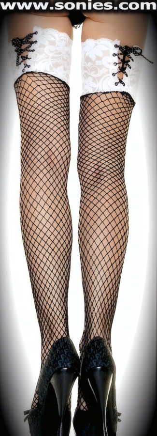 You're sure to make his pulse race or stop in these seductive plus size Phaenarete stretch industrial net Lycra thigh high stockings with corseted lace top band. These chic fishnet hold-up thigh high stockings are sure to make every woman feel glamorous. These have a 2