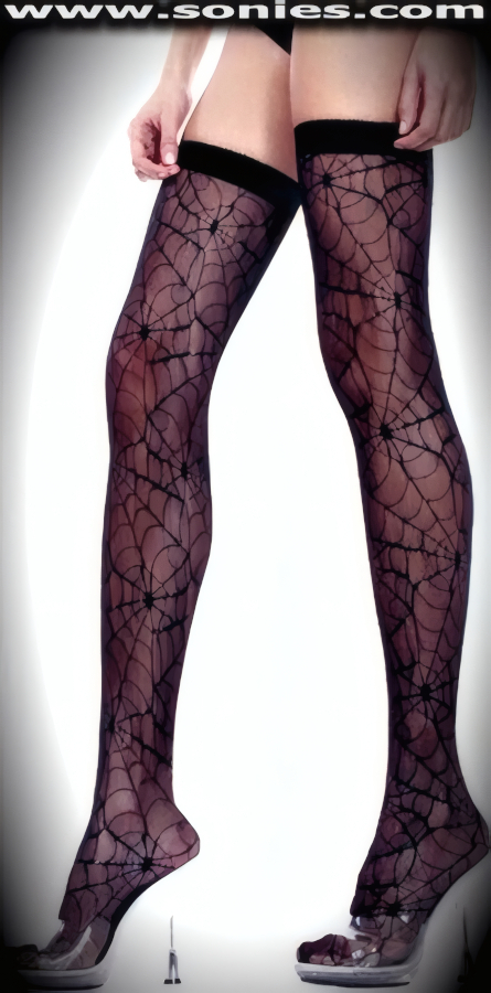 Quite a catch in these magnificent Opus Dei stretch translucent spider web lace thigh high stockings. These intense sheer hold-up thigh high stockings have a sandal foot finish and are sure to make every woman feel salacious. They have an elasticized opaque top band, which keeps them up reasonably well (100% Nylon). Can be worn in conjunction with your favorite garter belt. This style is suitable for evening wear, day wear, special occasions and club wear.   Style: HOQ-9090
