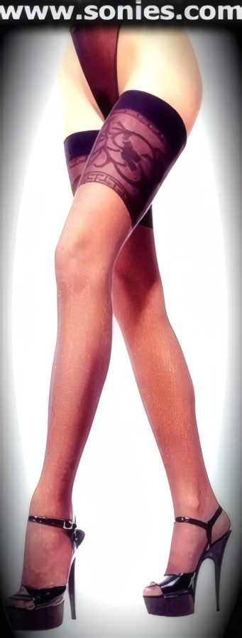 Naughty and nice in these luxurious sheer thigh high stockings with marvelously infused floral jacquard top detail finish. These exquisite sheer hold-up thigh high stockings have a sandal foot finish and are sure to make every woman feel glamorous. They have an elasticized opaque top band, which keeps them up reasonably well (100% Nylon). Can be worn in conjunction with your favorite garter belt. This style is suitable for evening wear, day wear, special occasions and club wear.   Style: HOQ-9212