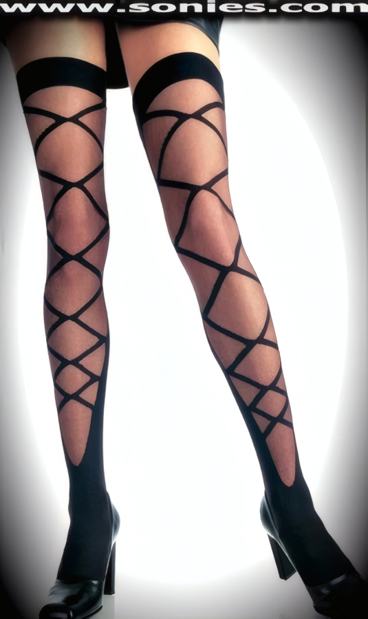 Be open to suggestion wearing these ultra-sexy and breathtaking Pallas Athene opaque with sheer bi-directional lace-up mock look detailing front finish thigh high stockings. These razor-sharp looking opaque with sheer hold-up thigh high stockings have a sandal foot finish and are sure to make every woman feel sexy. They have an elasticized top band, which keeps them up reasonably well. Made from durable, run-resistant nylon (100% Nylon exclusive of trim. Hand wash cold and drip dry. Do not bleach). May be worn with stiletto heel shoes or boots to create a phenomenal look. This style is perfect for stage, life style events, pride week, monthly play parties, fetish events, adult alternative lifestyle gatherings, bachelor parties, club wear, nightclubs, dance clubs and gentleman's clubs.   Style: HOQ-9217