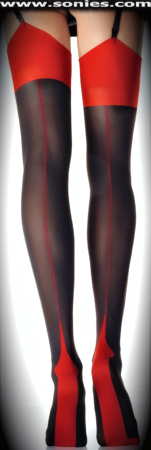 Be bad for goodness sake wearing these Movie Star glamorous Pamphylia two toned opaque thigh high stockings with Cuban heel and eye-alluring back seam detail finish. These chic opaque hold-up thigh high stockings are sure to make every woman feel glamorous. They have an elasticized top band, which keeps them up reasonably well (100% Nylon exclusive of trim. Hand wash cold and drip dry. Do not bleach). Can be worn in conjunction with your favorite garter belt. This style is perfect for stage, life style events, pride week, monthly play parties, fetish events, adult alternative lifestyle gatherings, bachelor parties, club wear, nightclubs, dance clubs and gentleman's clubs.   Style: HOQ-9705