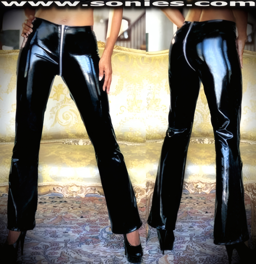 Worn to be wild in this Pylos patent leather (PVC) straight leg pants. Irreverent patent leather (PVC) pants is designed to make quite a visual aspect with its enticing aluminum metal break-away zipper that zips undone from front to back. It pairs beautifully with any number of risqu� patent leather (PVC) tops. May be worn with stiletto heel shoes or boots to create a phenomenal look. This style is perfect for stage, bedroom performance, life style events, pride week, monthly play parties, fetish events, adult alternative lifestyle gatherings, bachelor parties, club wear, nightclubs, dance clubs and gentleman's clubs.   Style: HOQ-V4120