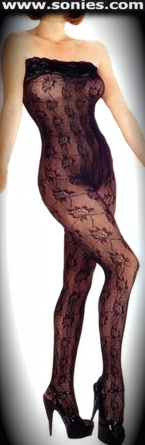Ooh So Sexy in this Body-Revealing Strapless Stretch Autono� Flower Lace Bodystocking with Exquisite Wide Stretch Lace Gripper Top and Convenience Open Crotch that leaves you Uncovered and Free. Made from durable, run-resistant nylon (100% Nylon). Can be worn under most outfits, skirts, dresses, shorts, trousers and looks fabulous with stilettos and gloves.   Style: J18BS49H