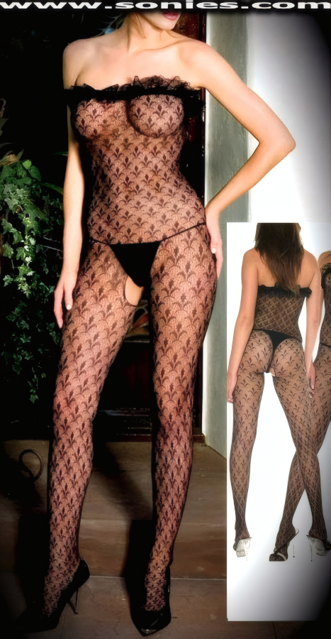 A reason to get Risqu� in this Whimsical yet Provocative Seamless Fleur De Lis Stretch Lace Strapless Bodystocking with Eye-Captivating Ruffle Lace Trim Top plus Convenience Open Crotch that leaves you Uncovered and Free. Made from durable, run-resistant nylon (100% Nylon). This versatile bodystocking adores tracing the shape of your body and can be worn under most outfits, skirts, dresses, shorts, trousers and looks fabulous with stilettos and gloves.   Style: J1BS46H
