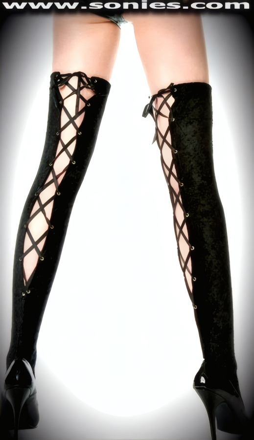 Dominate in these Captivating Euryala over-the-knee luxurious stretch crushed velvet stockings with provocatively designed bi-directional lace-up back detail finish (6% Lycra, 94% Nylon). These groovy stretch velvet hold-up stockings have a sandal foot finish and are sure to make every woman feel glamorous. They have bi-directional lacing on back to ensure a great fit and to keep them up reasonably well. May be worn with stiletto heel shoes or boots to create a phenomenal look. This style is perfect for stage, life style events, pride week, monthly play parties, fetish events, adult alternative lifestyle gatherings, bachelor parties, club wear, nightclubs, dance clubs and gentleman's clubs.   Style: KLR21U