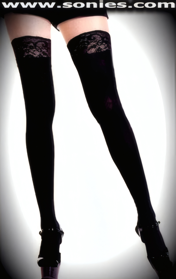 Irresistible in these Saber-Tooth Cotton Lycra Opaque Thigh High Stay-Up Stockings. These lace top thigh high stockings can be worn with or without garters and have a sandal foot finish. They are opaque with a beautiful 2-inch wide floral lace top band, and a silicone strip to keep them up. Experience the allure of these stockings on your legs. This style is suitable for Eveningwear, Daywear, Special Occasions and Club Wear (15% Cotton, 10% Lycra, 75% Nylon).   Style: MLSU-01