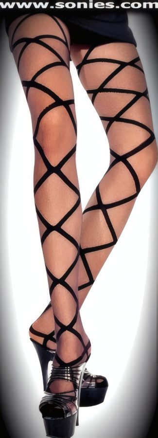 Sheer with opaque Toxic Terror criss-cross design pantyhose. Single seam with sandal foot finally. Adds a fresh new look to your wardrobe. Conforms to your curves for a sleek comfortable fit. This style is suitable for Eveningwear, Daywear, Special Occasions and Club Wear (100% Nylon, exclusive of trim. Hand wash cold and drip dry. Do not bleach).   Style: P112