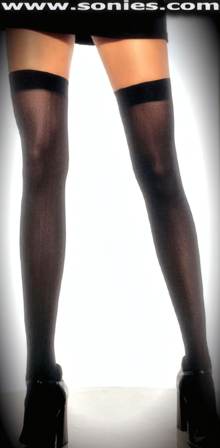 Stylish by day and Scorching by night in these Myrmidons Fashion Sheer Thigh High Stockings. These street smart sheer hold-up thigh high stockings have a sandal foot finish and are sure to make every woman feel sexy. They have an elasticized top band, which keeps them up reasonably well (100% Nylon). Can be worn in conjunction with your favorite garter belt. This style is suitable for evening wear, day wear, special occasions and club wear.   Style: P1170