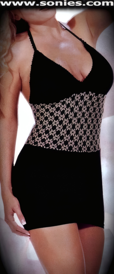 Show Off Your Stunning Figure in this Seductress Cleopatra Halter Mini Dress with a Unique Two Piece Look. Low Cleavage Dipping Stretch Opaque Top with Beautiful White Floral Pattern Midriff and Attached Opaque Mini Skirt Detail Finish (100% Nylon). May be worn with stiletto heel shoes to create a phenomenal look. This style is perfect for stage, life style events, pride week, monthly play parties, fetish events, adult alternative lifestyle gatherings, bachelor parties, club wear, nightclubs, dance clubs and gentleman's clubs.   STYLE: R12M98
