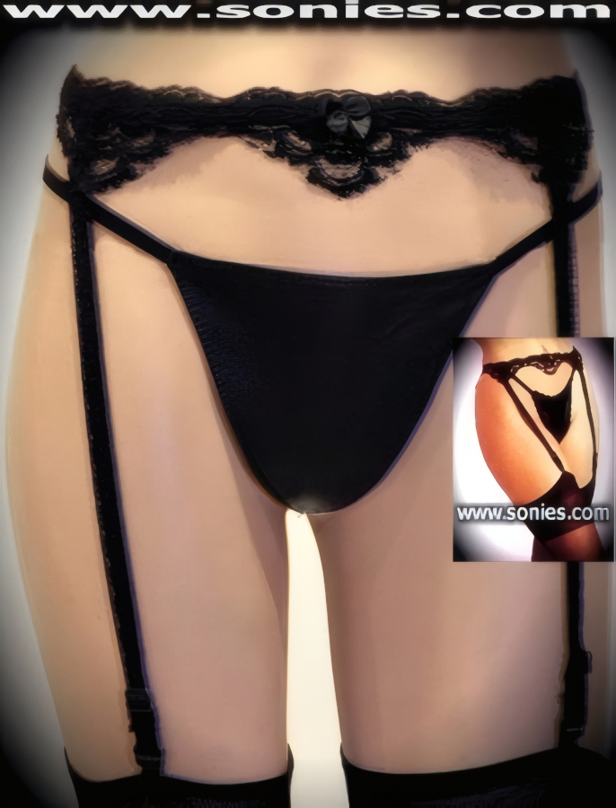 Outrageously Sexy in this marvelous sheer floral lace garter belt with adjustable stretch hook back closure and 4 fully adjustable lace overlay garter straps to hold-up your stockings or thigh highs, plus satin bow appliqu� detail front finish. Complementing provocatively sheer thigh high stockings with exquisite stretch lace motif design top band and sandal foot finally included (100% Nylon). Group this up with a G-String or thong and you will no doubt have achieved a risqu� look (G-String not included).   Style: S-11