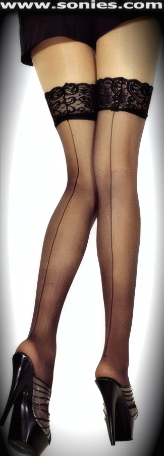 Outrageously sexy in these plus size Menelaos sheer thigh high stockings with eye-captivating back seam. These stylish sheer hold-up thigh high stockings have a sandal foot finish and are sure to make every woman feel glamorous. They have a marvelous 3-inch wide elasticized floral lace top band, which keeps them up reasonably well (100% Nylon, exclusive of trim. Hand wash cold and drip dry. Do not bleach). Can be worn in conjunction with your favorite garter belt. This style is suitable for evening wear, day wear, special occasions and club wear.   Style: T101BLWQ