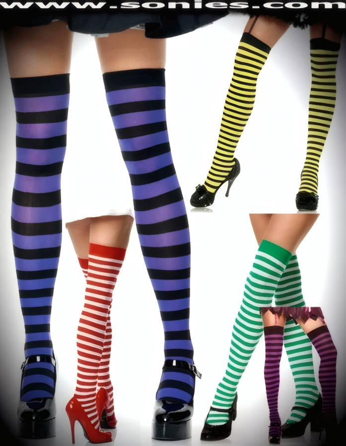 Look wonderfully stunning in these Ariba La Raza fashion opaque thigh high stockings with eye-captivating horizontal stripes detail finish. These distinct opaque hold-up thigh high stockings have a sandal foot finish and are sure to make every woman feel coquettish. They have an elasticized top band, which keeps them up reasonably well. Made from durable, run-resistant nylon (100% Nylon). May be worn with stiletto heel shoes or boots to create a phenomenal look. This style is perfect for stage, life style events, pride week, monthly play parties, fetish events, adult alternative lifestyle gatherings, bachelor parties, club wear, nightclubs, dance clubs and gentleman's clubs.   Style: T747-1