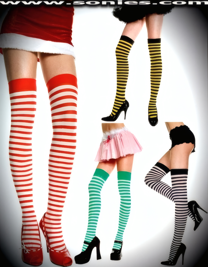Set the scene--then steal it in these dazzling Oudeis fashion opaque over-the-knee high stockings with eye-enchanting stripes detail finish. These streetwise opaque hold-up thigh high stockings have a sandal foot finish and are sure to make every woman feel lascivious. They have an elasticized top band, which keeps them up reasonably well (100% Nylon). May be worn with stiletto heel shoes or boots to create a phenomenal look. This style is perfect for stage, life style events, pride week, monthly play parties, fetish events, adult alternative lifestyle gatherings, bachelor parties, club wear, nightclubs, dance clubs and gentleman's clubs.   Style: T747-HOQ