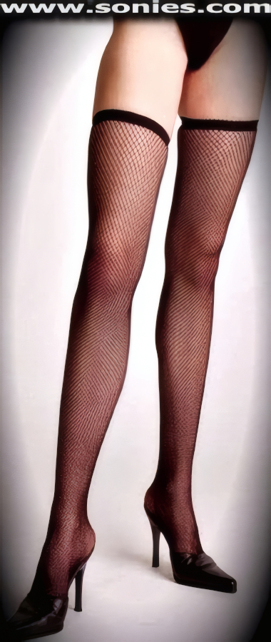 Unyielding Hot in these Monsiau Soft Stretch Fishnet Thigh High Stockings. These impressive fishnet hold-up thigh high stockings have a sandal foot finish and are sure to make every woman feel exquisite. They have an elasticized top band, which keeps them up reasonably well (100% Nylon). Can be worn in conjunction with your favorite garter belt. This style is suitable for evening wear, day wear, special occasions and club wear.    Style: T9001