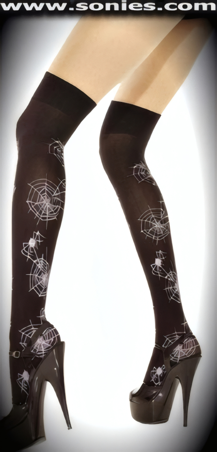Get caught in a web of intrigue wearing these XXTRA HOT Opaque Thigh High Stockings with Spider Web Print Detail Finish. These streetwise opaque hold-up thigh high stockings have a sandal foot finish and are sure to make every woman feel lascivious. They have an elasticized top band, which keeps them up reasonably well (100% Nylon). Can be worn in conjunction with your favorite garter belt. This style is suitable for evening wear, day wear, special occasions and club wear.   Style: THN002