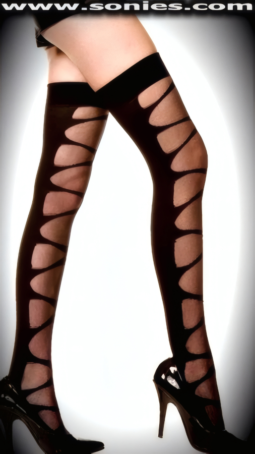 Who Can Resist You wearing these Magnificent Amor Stretch Opaque Thigh High Stockings with Mock Bi-Directional Lace-Up Sheer Front Detail Finish. These dashing opaque and sheer hold-up thigh high stockings have a sandal foot finish and are sure to make every woman feel glamorous. They have an elasticized top band, which keeps them up reasonably well (100% Nylon Exclusive Of Findings). Can be worn in conjunction with your favorite garter belt. This style is suitable for evening wear, day wear, special occasions and club wear.   Style: TP100
