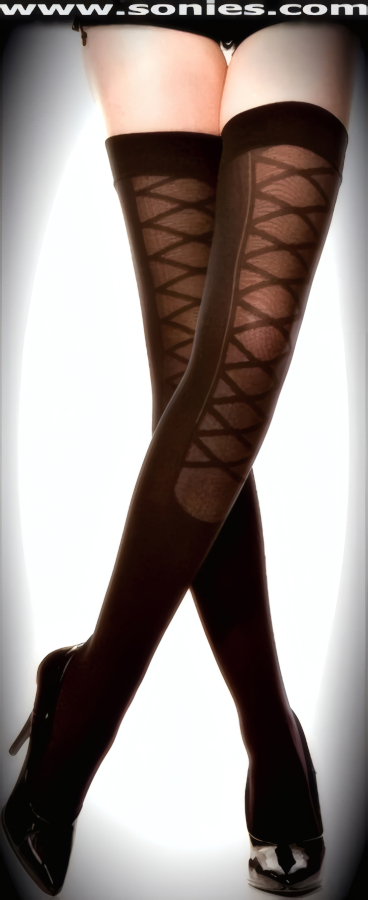 Madame Bovary Criss-Cross Front Opaque Thigh High Stockings with Eye-Captivating Sheer Front Insets. These snazzy opaque hold-up thigh high stockings have a sandal foot finish and are sure to make every woman feel glamorous. They have an elasticized top band, which keeps them up reasonably well (100% Nylon). Can be worn in conjunction with your favorite garter belt. This style is suitable for evening wear, day wear, special occasions and club wear.   Style: TP130