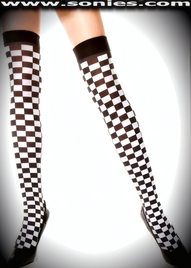 Captivate his attention in these fashion Mediterranean opaque checker board thigh high stockings. These stylish opaque hold-up thigh high stockings have a sandal foot finish and are sure to make every woman feel glamorous. They have an elasticized top band, which keeps them up reasonably well (100% Nylon). Can be worn in conjunction with your favorite garter belt. This style is suitable for evening wear, day wear, special occasions and club wear.   Style: TP6