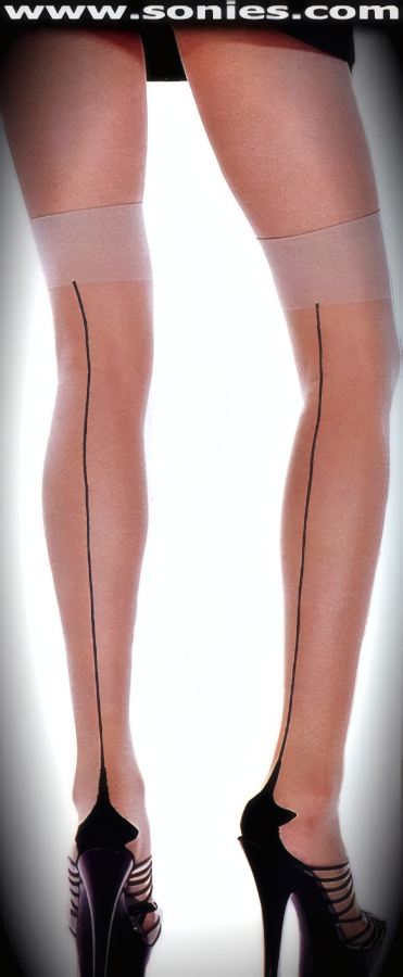 Sexy Show Girl, Sheer and Opaque Thigh High Lycra Stockings with Funky Fresh Cuban Foot and Back Seam Detail Finish. These gallant sheer and opaque hold-up thigh high stockings have a sandal foot finish and are sure to make every woman feel glamorous. They have an elasticized top band, which keeps them up reasonably well (21.5% Lycra, 78.5% Nylon). Can be worn in conjunction with your favorite garter belt. This style is suitable for evening wear, day wear, special occasions and club wear.   Style: TP96A