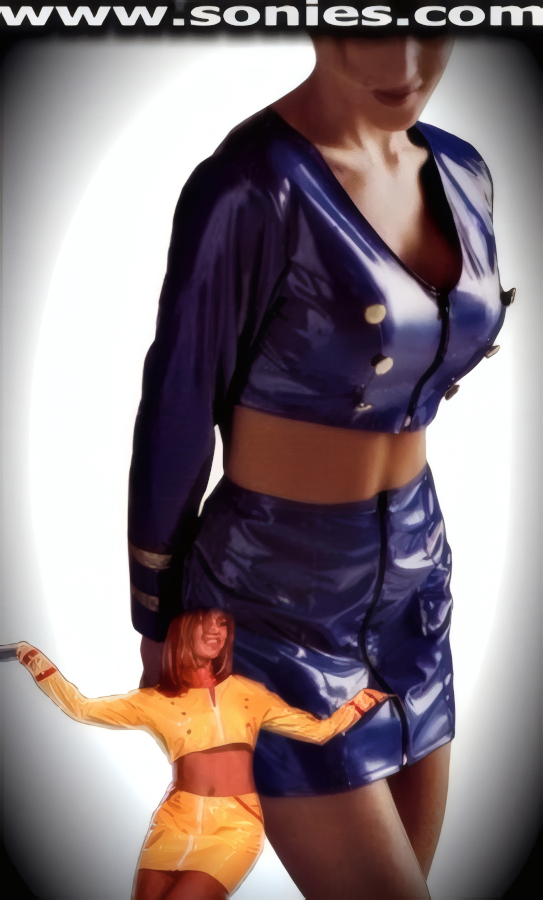 Take-off in this seriously sexy patent leather (PVC) Flight Attendant two piece set. Strikingly designed top with contoured seaming midriff, striped sleeve accent, plus tantalizing open-ended zipper front closure for off and on ease detail finish. Complete with matching patent leather (PVC) break-away zipper front mini skirt finally. Effortless to pull-on and a treat for your audience to see you take it off! May be worn with stiletto heel shoes or boots to create a phenomenal look. This style is perfect for stage, life style events, pride week, monthly play parties, fetish events, adult alternative lifestyle gatherings, bachelor parties, club wear, nightclubs, dance clubs and gentleman's clubs.   Style: V5082