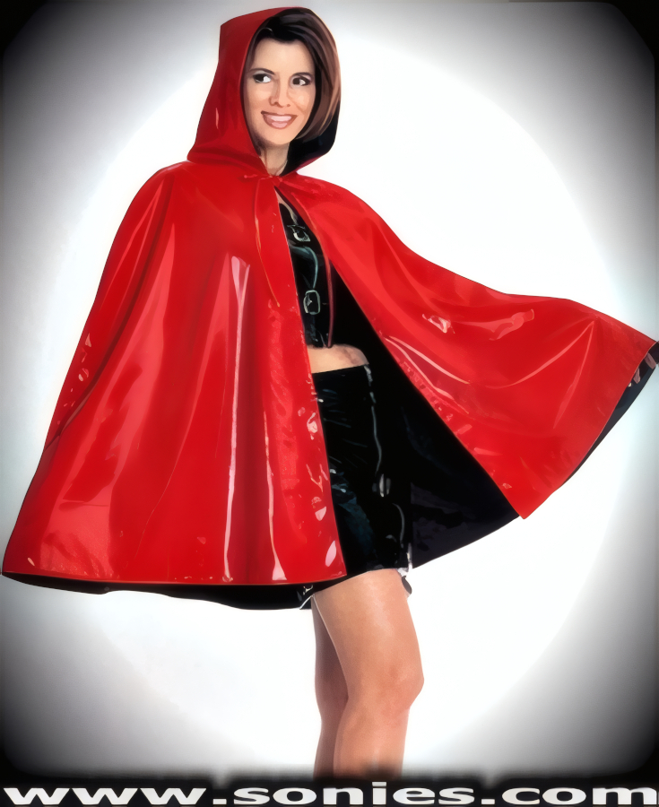 Get caught out in the forest wearing this dreamy fetish-inspired Hesperus patent leather (PVC) medium length cape that will surely get the wolf's attention. The hood bestows this vinyl cape an air of mystery and has an adjustable tie neck closure to ensure a great fit (35% Polyurethane, 65% Polyester. Hand wash cold, hang dry, no bleach). It pairs beautifully with any number of risqu� patent leather (PVC) tops and bottoms such as skirts, hot pants, thongs or G-Strings. This style is perfect for stage, life style events, pride week, monthly play parties, fetish events, adult alternative lifestyle gatherings, bachelor parties, club wear, nightclubs, dance clubs and gentleman's clubs.   Style: V5904
