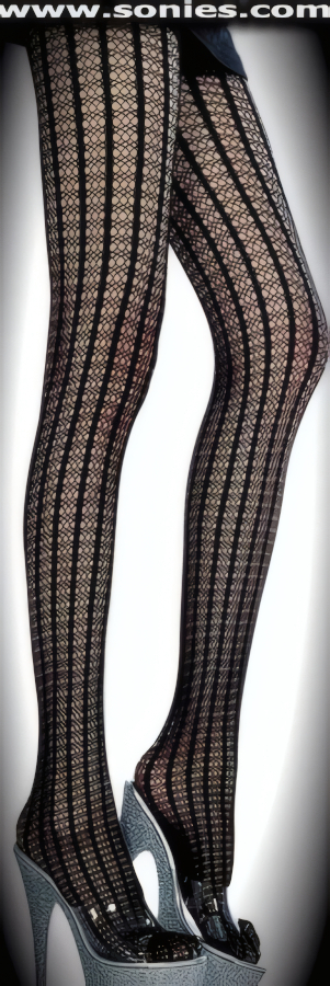 Figure Flattering Seamless Ophiophagus Crochet with Vertical Textured Stripe Lycra Net Pantyhose. None visible crotch to waist seam and sandal foot finally. Elasticized waistband can be positioned low or high on the hips. Adds a fresh new look to your wardrobe. Conforms to your curves for a sleek comfortable fit. This style is suitable for Eveningwear, Daywear, Special Occasions and Club Wear (3% Spandex, 26% Cotton, 71% Nylon).    Style: X09003-2