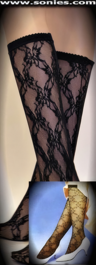 Burn His Desire in these Carboniferous Knee High Floral Stretch Lace Socks with Elasticized Top Band and Back Seam Detail Finish (100% Nylon, exclusive of trim. Hand wash cold and drip dry. Do not bleach).   Style: YOFFI15093
