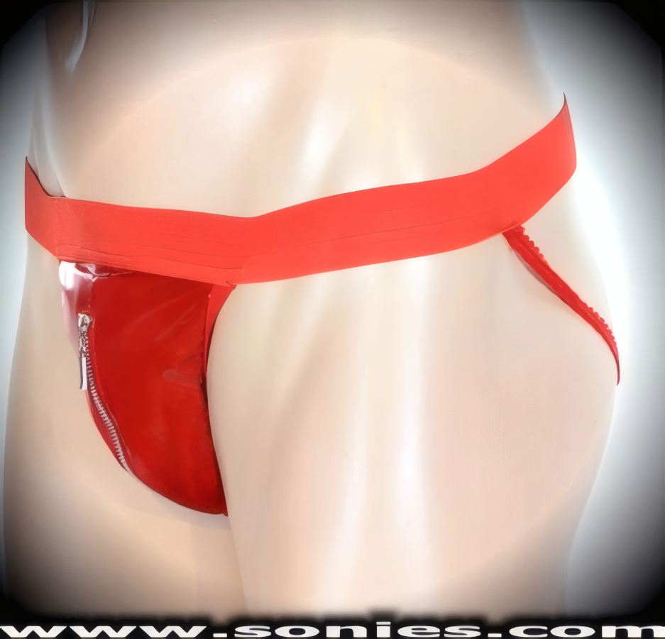 Men's daring and authoritarian dance wear bottom. This Troy jock has a hot-looking patent leather (PVC) unlined contoured front pouch to provide support and room for your package plus front aluminum metal zipper detailing that zips undone by means of metal tip puller. Wide elasticized waistband and dual high-elasticity ass straps detail finish to ensure a great fit. It pairs boldly with any number of gallant patent leather (PVC) tops. May be worn with casual shoes or boots to create a phenomenal look. This blistering style is perfect for Life Style Events, Men's Competition Wear, Wrestling Shows, Pride Week, Monthly Play Parties, Fetish Events, Adult Alternative Lifestyle Gatherings, Clubwear, Nightclubs, Dance Clubs, Ladies Night Clubs, Bachelorette Parties, Male Exotic Chippendale Dancers, Girls Night Out Parties and more. Try this popular hot style for yourself today!   STYLE: 534FC