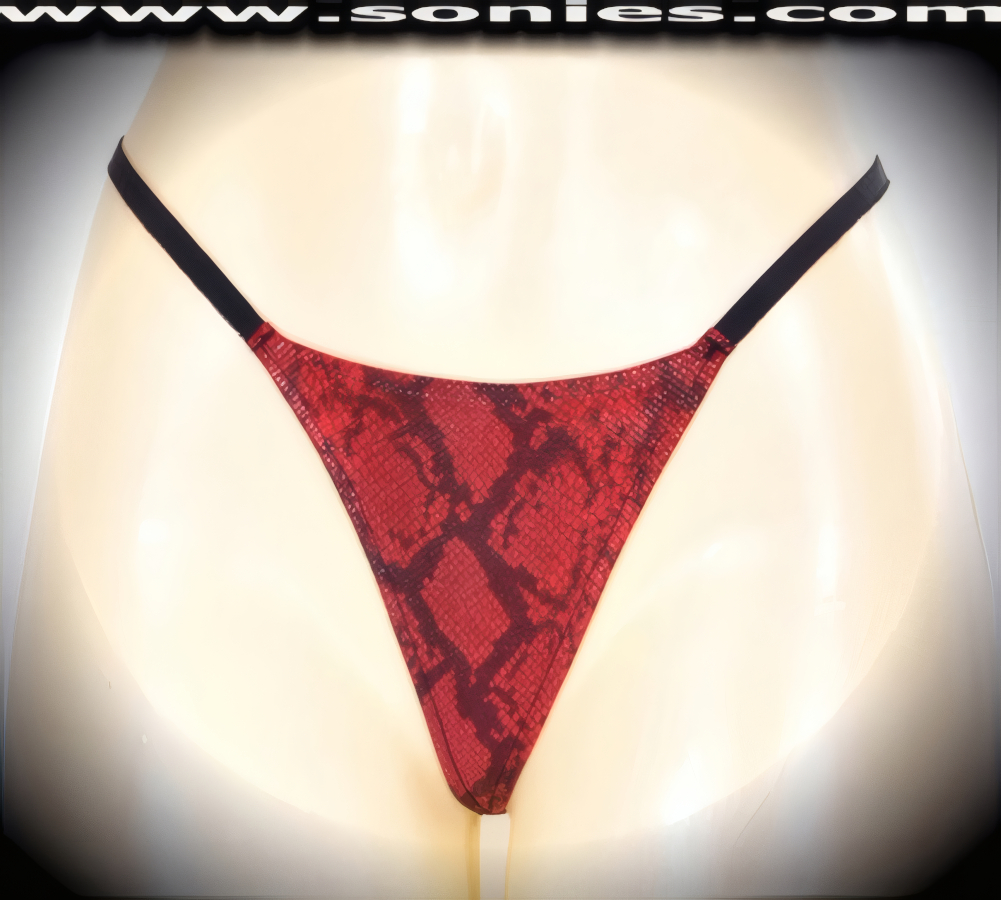Cover just enough as you tease your prey in this Ladies Dodecanese stretch Lycra Foil Python print G-String dance wear bottom. Soft elasticized waistband and back to ensure a great fit. It pairs beautifully with any number of risqu� tops. May be worn with stiletto heel shoes or boots to create a phenomenal look. This style is perfect for stage, bedroom performance, life style events, pride week, monthly play parties, fetish events, adult alternative lifestyle gatherings, bachelor parties, club wear, nightclubs, dance clubs and gentleman's clubs.   Style: 69BFC