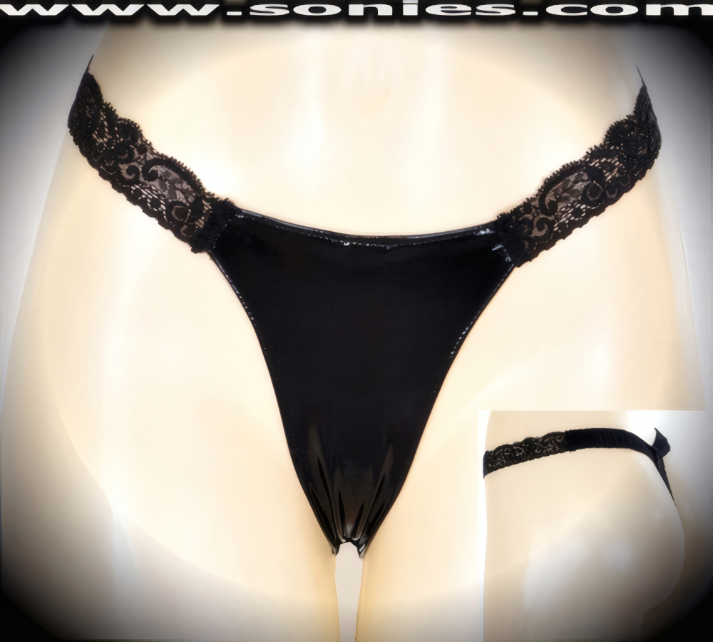 Control his desire in this ooh so appealing ladies Kokkari racy black patent leather (PVC) dance wear low-rise bottom. Irresistibly enticing sheer stretch scallop floral lace sides for added eye-alluring effect and stretch satin Lycra waistband back detailing to ensure a great fit, plus exquisite sheer floral scallop lace thong back finally (PVC: 35% Polyurethane, 65% Polyester. Lace: 15% Spandex, 85% Nylon. Hand wash cold, hang dry, no bleach). It pairs beautifully with any number of risqu� patent leather (PVC) tops. May be worn with stiletto heel shoes or boots to create a phenomenal look. This style is perfect for stage, bedroom performance, life style events, pride week, monthly play parties, fetish events, adult alternative lifestyle gatherings, bachelor parties, club wear, nightclubs, dance clubs and gentleman's clubs.   Style: 69DFC