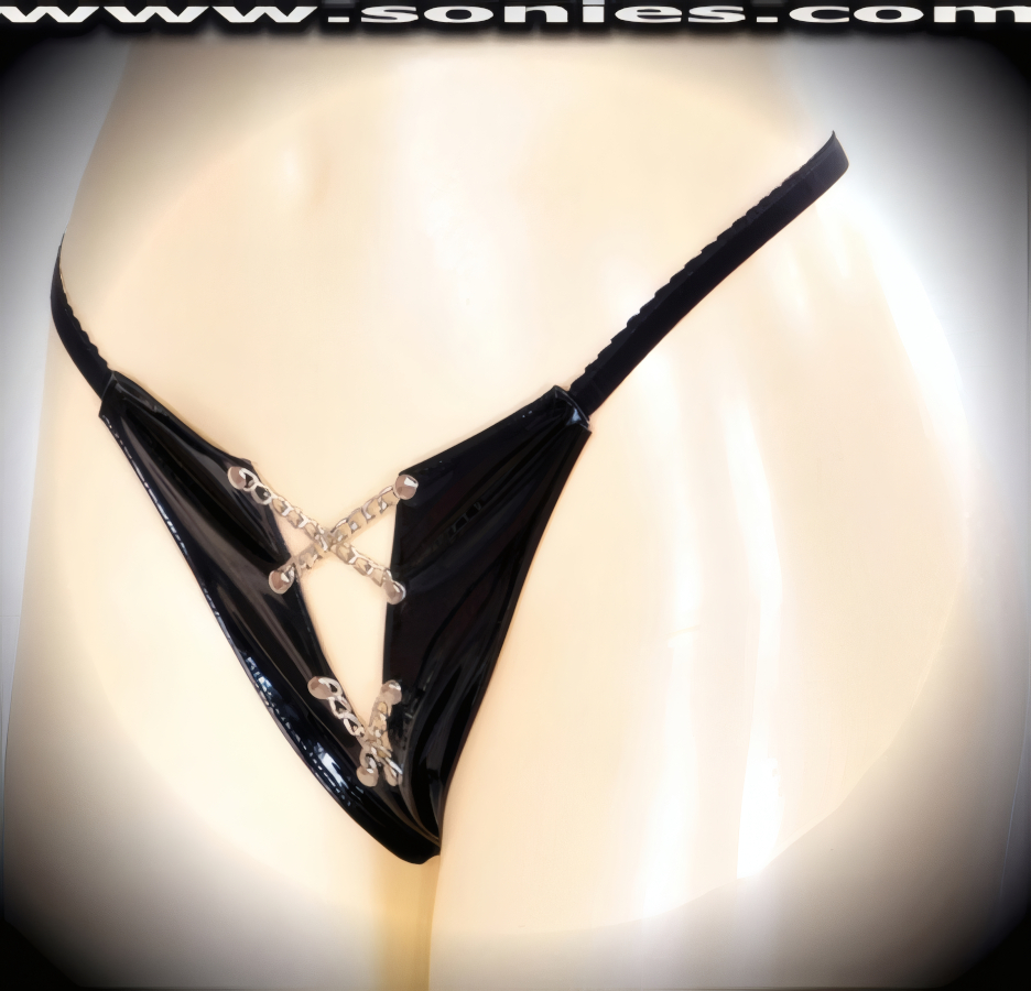 Effortless to Pull-On and a Treat for Your Audience to See You Take it Off in this Ladies Alpheratz Patent Leather (PVC) V-Front G-String Dance Wear Bottom with Skin Baring Cut-Out Inset plus Bi-Directional Metal Chain Accented Front Detail Finish. Soft elasticized waistband and back to ensure a great fit. It pairs beautifully with any number of risqu� patent leather (PVC) tops. May be worn with stiletto heel shoes or boots to create a phenomenal look. This style is perfect for stage, bedroom performance, life style events, pride week, monthly play parties, fetish events, adult alternative lifestyle gatherings, bachelor parties, club wear, nightclubs, dance clubs and gentleman's clubs.   Style: 69YFC