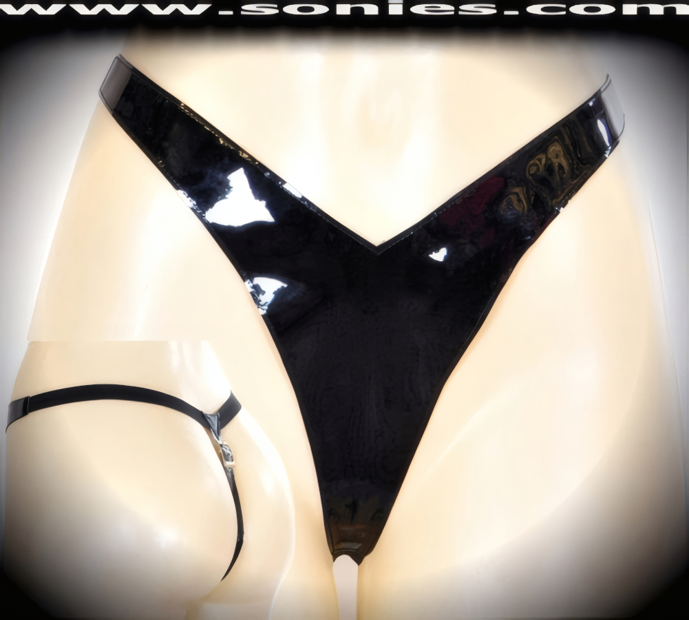 Perfect for dazzling your audience in this ladies Aurora exotic performer's racy black patent leather (PVC) dance wear low-rise bottom with suggestive unlined crotch detail finish. Features a dramatic V-front design with elasticized waistband to ensure a great fit. Fully adjustable vinyl thong back strap with hand applied metal eyelets to create an impressive look and for durability, plus metal buckle closures that conveys a wild and naughty intention (35% Polyurethane, 65% Polyester. Hand wash cold, hang dry, no bleach). It pairs beautifully with any number of risqu� patent leather (PVC) tops. May be worn with stiletto heel shoes or boots to create a phenomenal look. This style is perfect for stage, bedroom performance, life style events, pride week, monthly play parties, fetish events, adult alternative lifestyle gatherings, bachelor parties, club wear, nightclubs, dance clubs and gentleman's clubs.   Style: 9024FC
