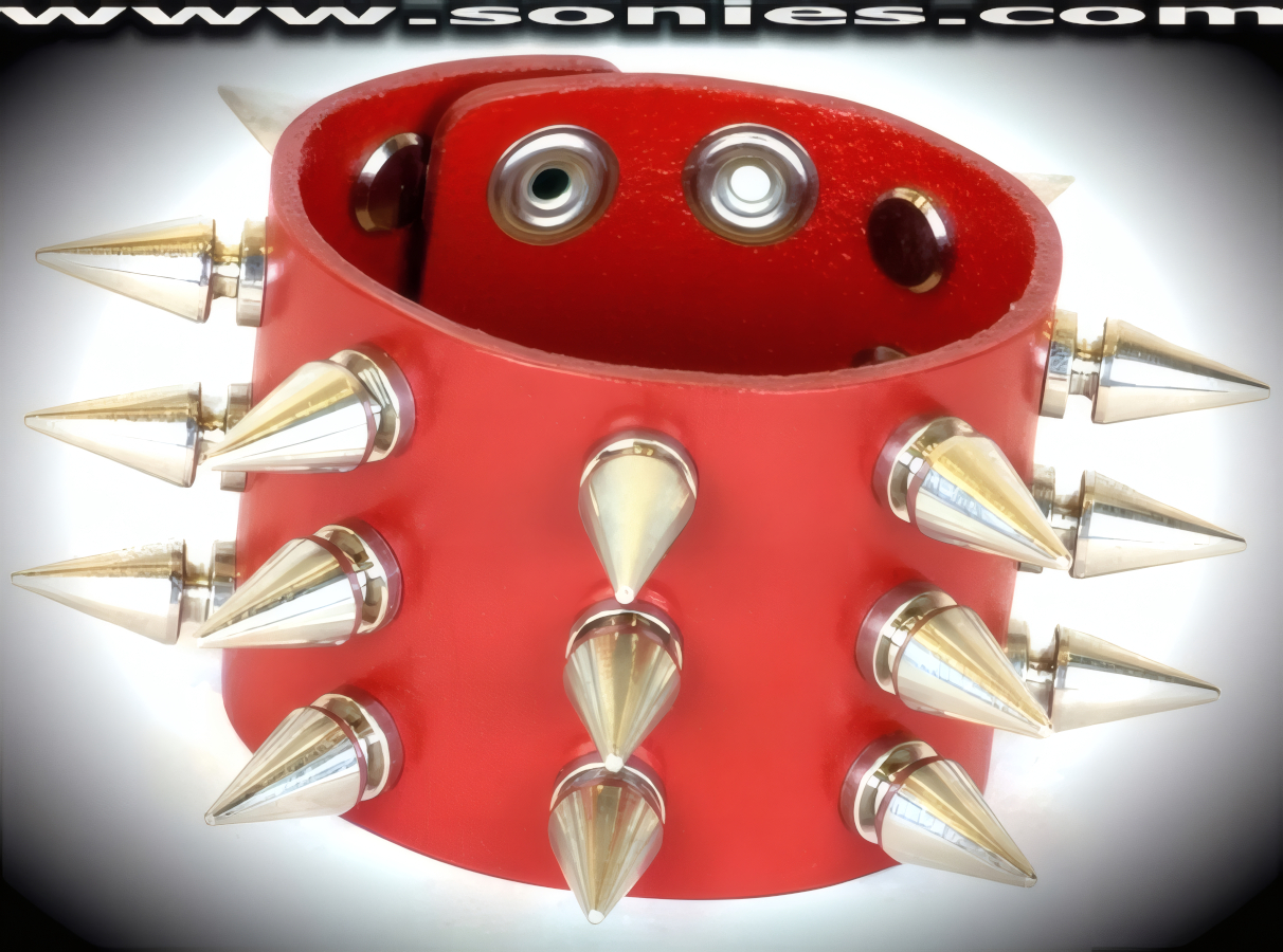Complex and Individualized in this Alphubel leather extra wide wristband. A perfect accessory to add a indiscreet styling to your wardrobe. This quality piece is crafted from genuine leather and features bold metal spikes. 2-inch wide leather with 3 rows of �-inch long screw on metal spikes and adjustable metal snaps closure (Sold as adult novelty only. This item may not be legal in your state or country therefore it is your obligation to check local and state laws before ordering). This style is perfect for stage, life style events, pride week, monthly play parties, fetish events and adult alternative lifestyle gatherings.   Style: LC-SPIKE4