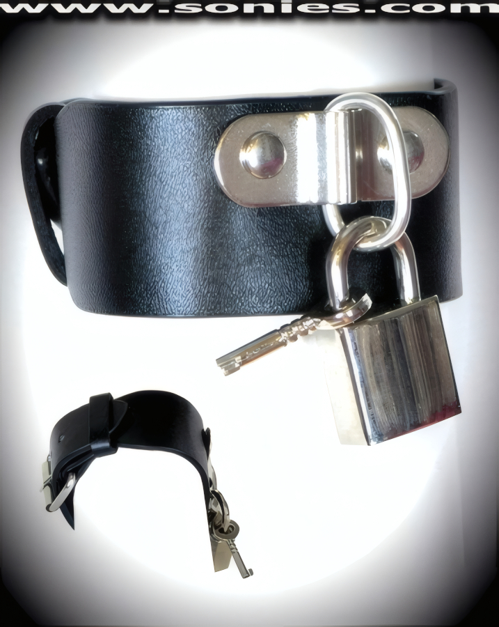Cool black Deinocheirus handmade leather wristband adorned with a metal lock and key. Crafted with a metal center plate that is riveted on both stress points, plus fully adjustable buckle back closure to ensure a great fit. This style looks great with anything you wear and is perfect for stage, life style events, pride week, monthly play parties, fetish events and adult alternative lifestyle gatherings.   Style: WR001