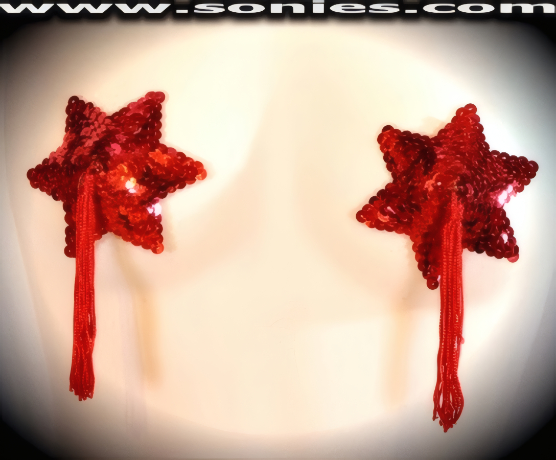 Hold on, we are in for a ride when you step-out on the stage wearing these exquisite hand crafted burlesque Traviata glimmer star shaped sequined pasties that are adorned with attached tassels finally for added twirling and whirling effect. Designed using the finest sequins for utmost radiance so that it is perfect under any lighting (One pair per package with Glue included). These Pasties are meant to surprise, seduce, and unleash desires beyond your wildest dreams. No detail was spared and no wish was denied. For stage or bedroom performance. Can be worn by Professionals or Semi Pro Burlesque Dancers, Pin-up Girls, Strip Tease, Exotic Dancers, Adult Entertainers, Transgenders, Transsexuals, Cross-Dressers, Cabaret Dancers, Pole Dancers and for Photography Models.   Style: 7010AH