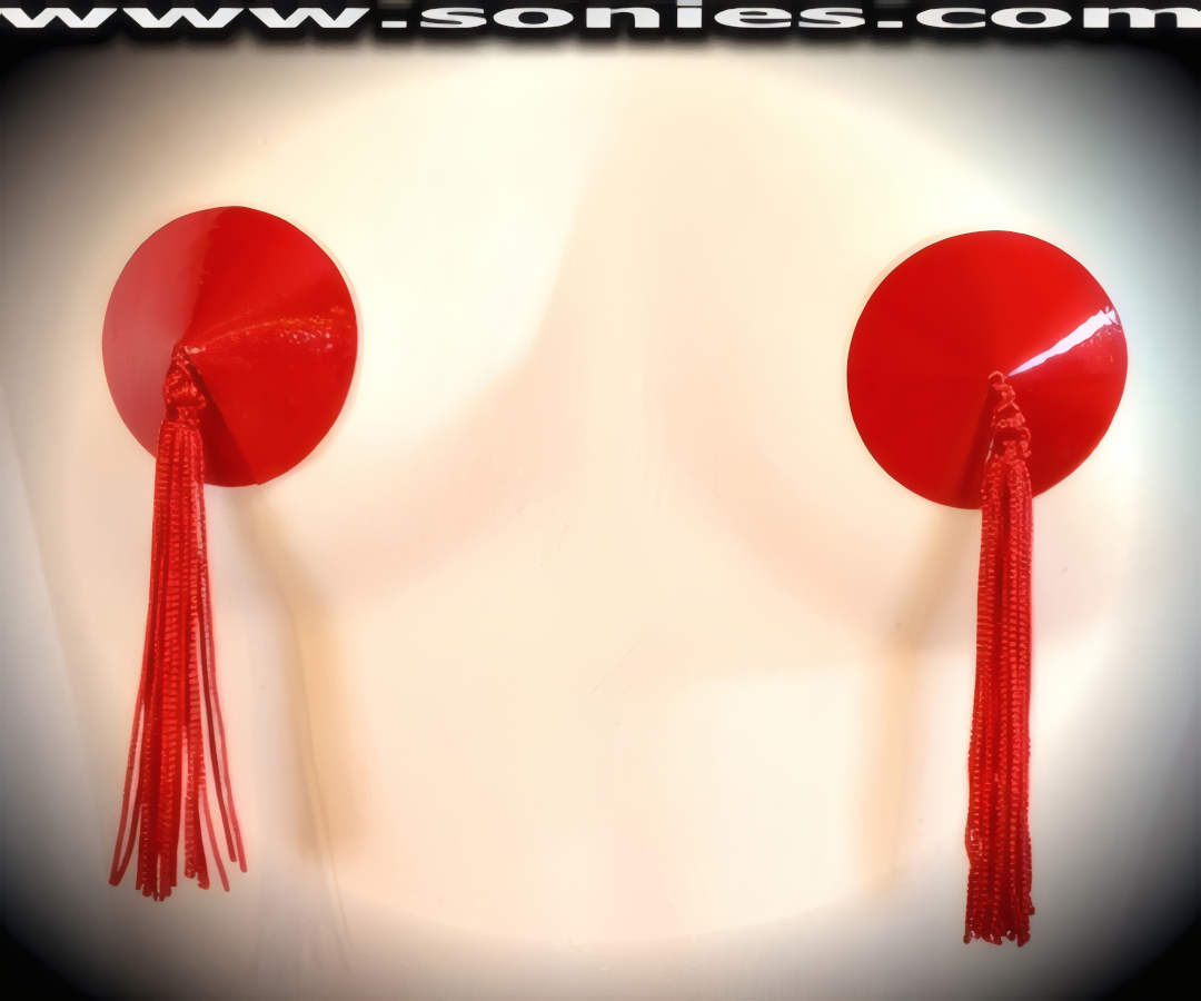 Stand out from the crowd wearing these magnificent hand crafted Sarah patent leather (PVC) Pasties with attached tassels finally for added twirling and whirling effect (35% Polyurethane, 65% Polyester). These Pasties are meant to surprise, seduce, and unleash desires beyond your wildest dreams. For stage or bedroom performance. Can be worn by Professionals or Semi Pro Burlesque Dancers, Pin-up Girls, Strip Tease, Exotic Dancers, Adult Entertainers, Transgenders, Transsexuals, Cross-Dressers, Cabaret Dancers, Pole Dancers and for Photography Models (One pair per package with Glue included).   Style: 7016AH1