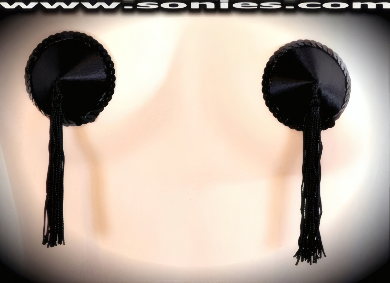 Provoke instant arousal wearing these extraordinarily hand crafted Las Vegas Show Girl satin fabric pasties with fine glimmer sequin edging accent for utmost radiance so that it is perfect under any lighting and attached tassels finally for added twirling and whirling effect (One pair per package with Glue included). For stage or bedroom performance and can be worn by Professionals or Semi Pro Burlesque Dancers.   Style: 7038AH
