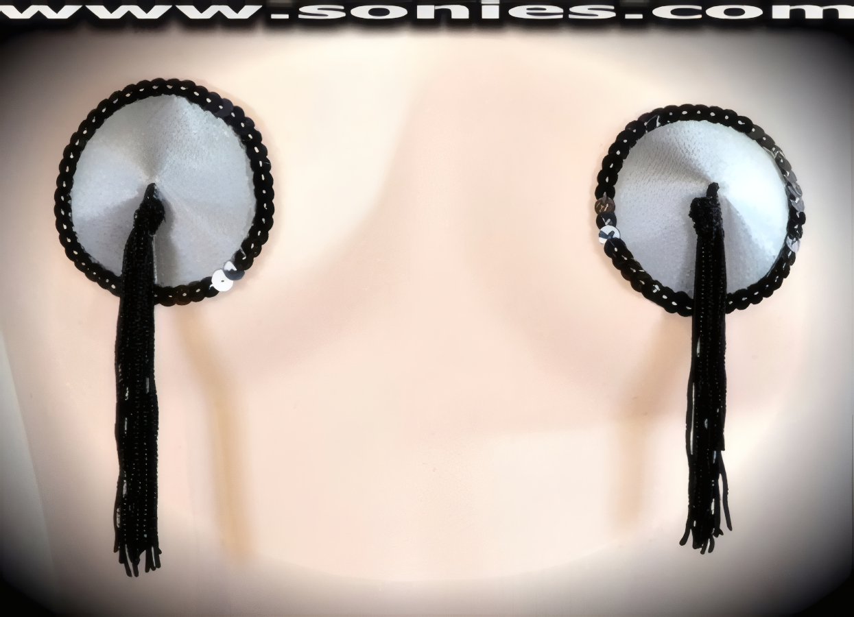 Provoke instant arousal wearing these extraordinarily hand crafted Tamar satin fabric pasties with fine glimmer sequin edging accent for utmost radiance so that it is perfect under any lighting and attached tassels finally for added twirling and whirling effect (One pair per package with Glue included). For stage or bedroom performance and can be worn by Professionals or Semi Pro Burlesque Dancers.   Style: 7038AH1