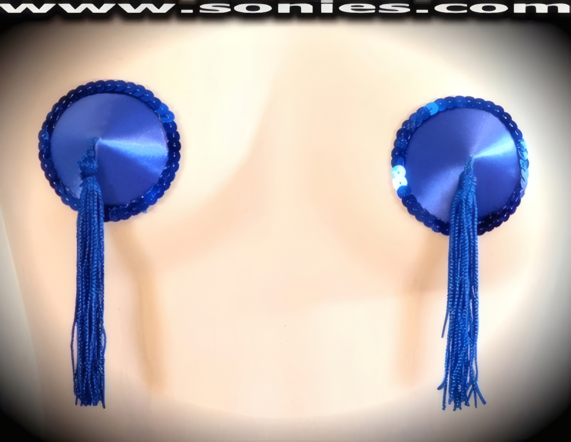 Provoke instant arousal wearing these extraordinarily hand crafted Polly satin fabric pasties with fine glimmer sequin edging accent for utmost radiance so that it is perfect under any lighting and attached tassels finally for added twirling and whirling effect (One pair per package with Glue included). For stage or bedroom performance and can be worn by Professionals or Semi Pro Burlesque Dancers.   Style: 7038AH10