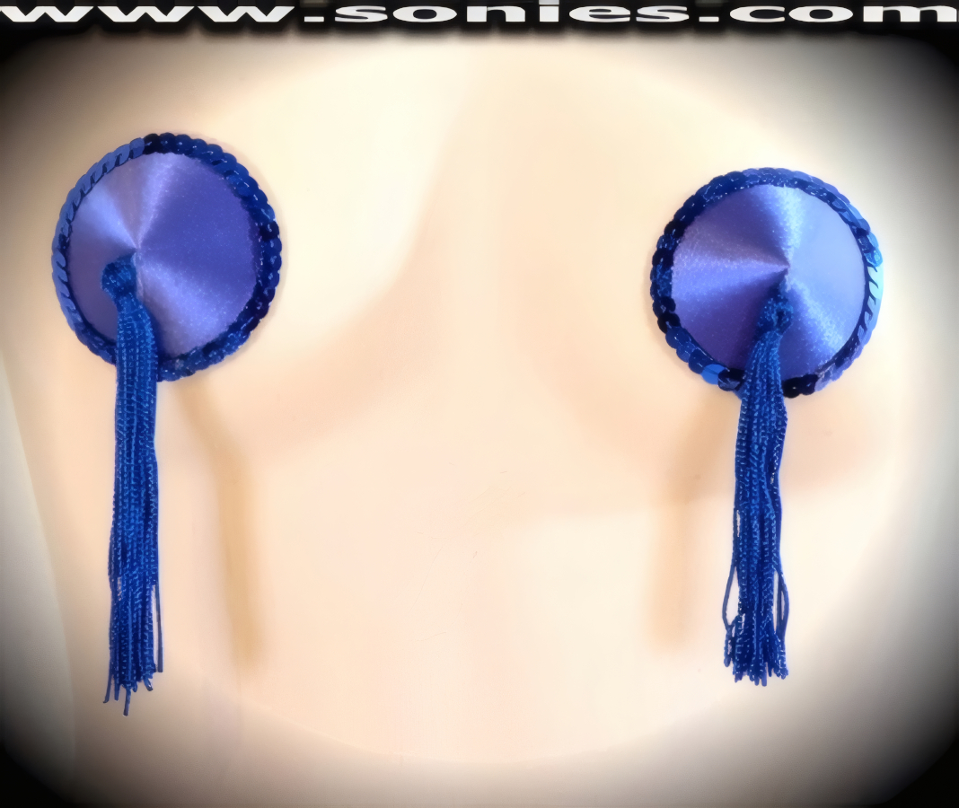Provoke instant arousal wearing these extraordinarily hand crafted Rahab satin fabric pasties with fine glimmer sequin edging accent for utmost radiance so that it is perfect under any lighting and attached tassels finally for added twirling and whirling effect (One pair per package with Glue included). For stage or bedroom performance and can be worn by Professionals or Semi Pro Burlesque Dancers.   Style: 7038AH12