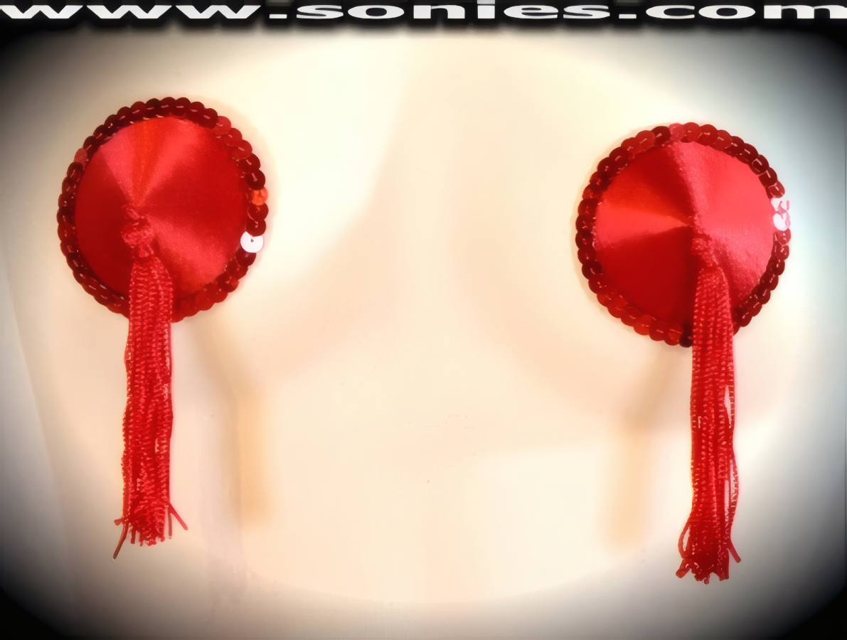 Provoke instant arousal wearing these extraordinarily hand crafted Lucy satin fabric pasties with fine glimmer sequin edging accent for utmost radiance so that it is perfect under any lighting and attached tassels finally for added twirling and whirling effect (One pair per package with Glue included). For stage or bedroom performance and can be worn by Professionals or Semi Pro Burlesque Dancers.   Style: 7038AH14