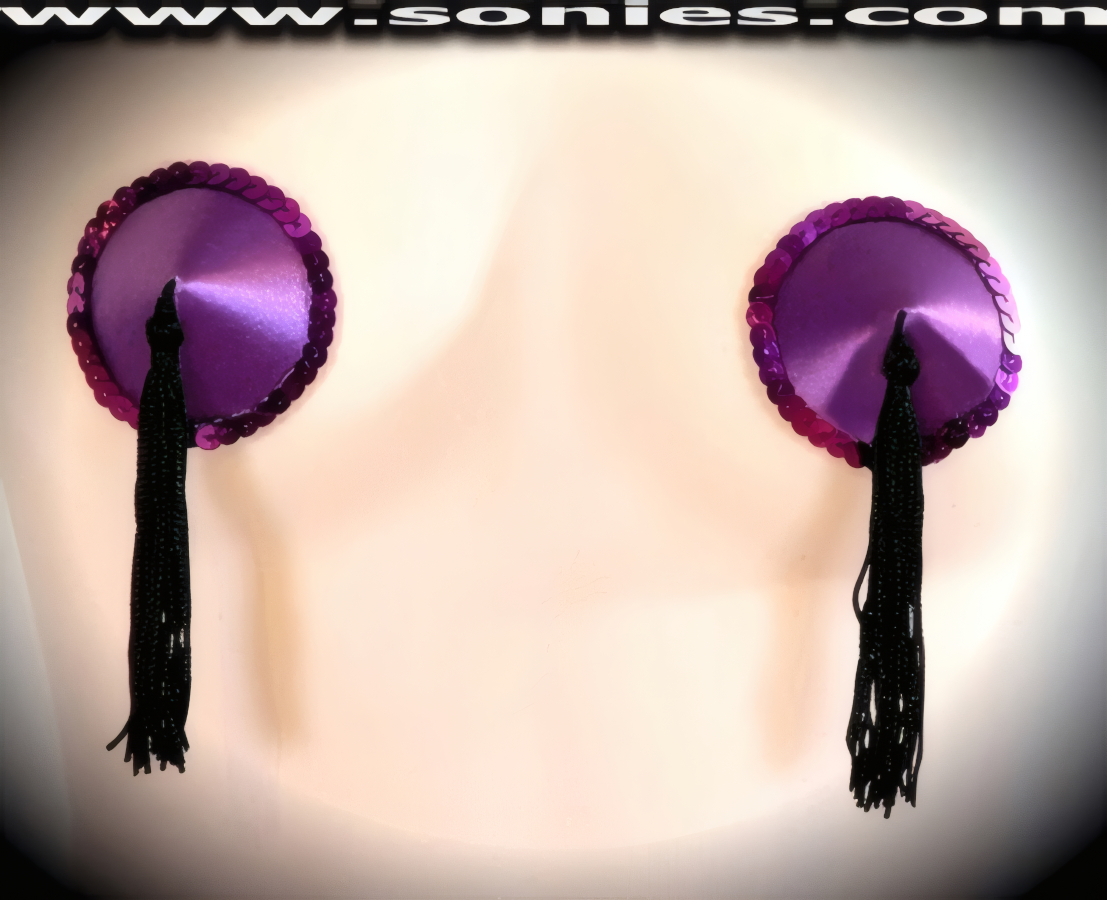 Provoke instant arousal wearing these extraordinarily hand crafted Phryne satin fabric pasties with fine glimmer sequin edging accent for utmost radiance so that it is perfect under any lighting and attached tassels finally for added twirling and whirling effect (One pair per package with Glue included). For stage or bedroom performance and can be worn by Professionals or Semi Pro Burlesque Dancers.   Style: 7038AH4