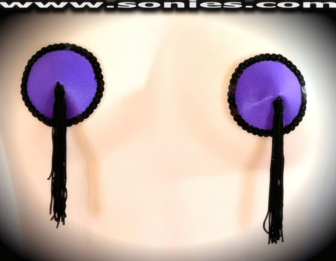 Provoke instant arousal wearing these extraordinarily hand crafted Mnesarete satin fabric pasties with fine glimmer sequin edging accent for utmost radiance so that it is perfect under any lighting and attached tassels finally for added twirling and whirling effect (One pair per package with Glue included). For stage or bedroom performance and can be worn by Professionals or Semi Pro Burlesque Dancers.   Style: 7038AH5