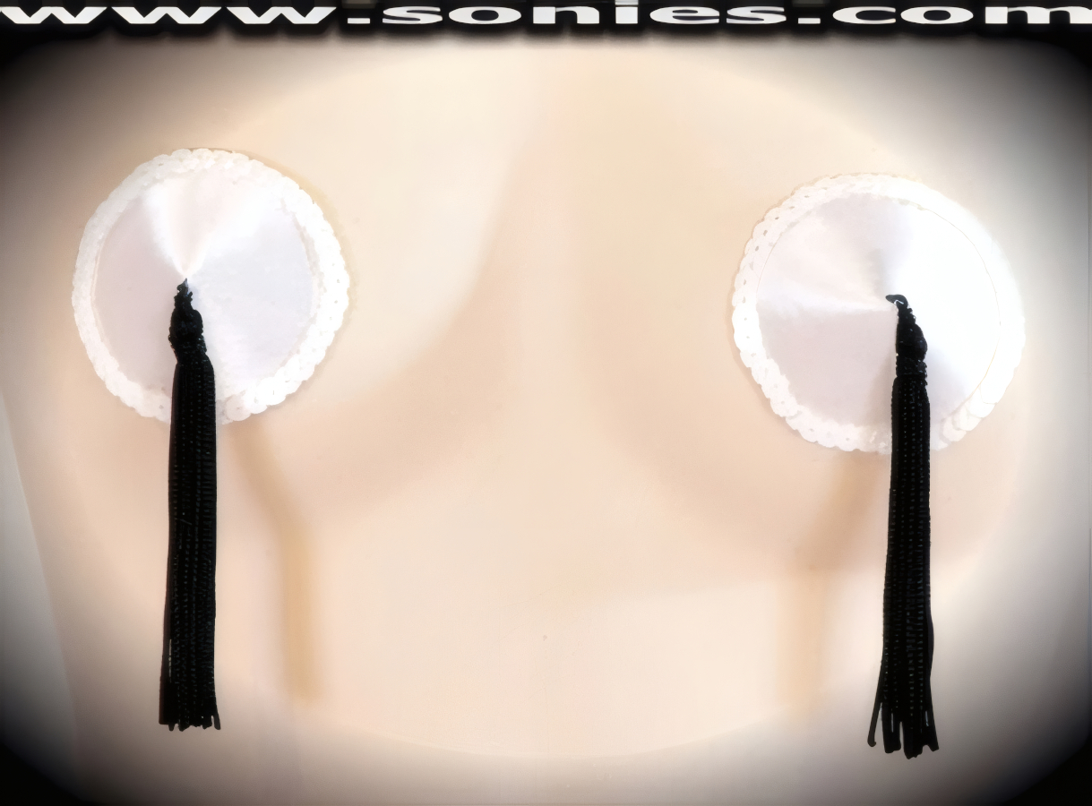 Provoke instant arousal wearing these extraordinarily hand crafted Mary satin fabric pasties with fine glimmer sequin edging accent for utmost radiance so that it is perfect under any lighting and attached tassels finally for added twirling and whirling effect (One pair per package with Glue included). For stage or bedroom performance and can be worn by Professionals or Semi Pro Burlesque Dancers.   Style: 7038AH6
