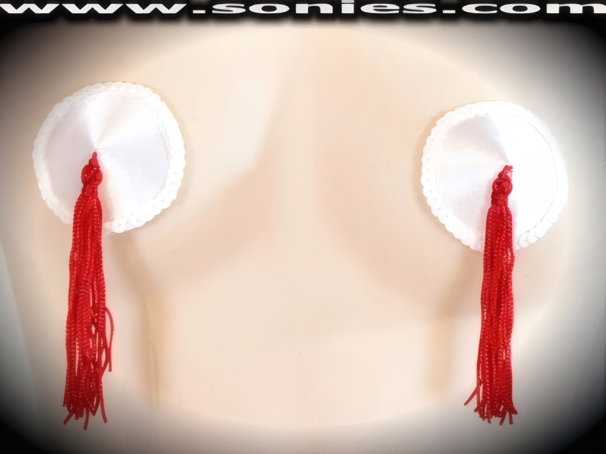 Provoke instant arousal wearing these extraordinarily hand crafted Pelagia satin fabric pasties with fine glimmer sequin edging accent for utmost radiance so that it is perfect under any lighting and attached tassels finally for added twirling and whirling effect (One pair per package with Glue included). For stage or bedroom performance and can be worn by Professionals or Semi Pro Burlesque Dancers.   Style: 7038AH7