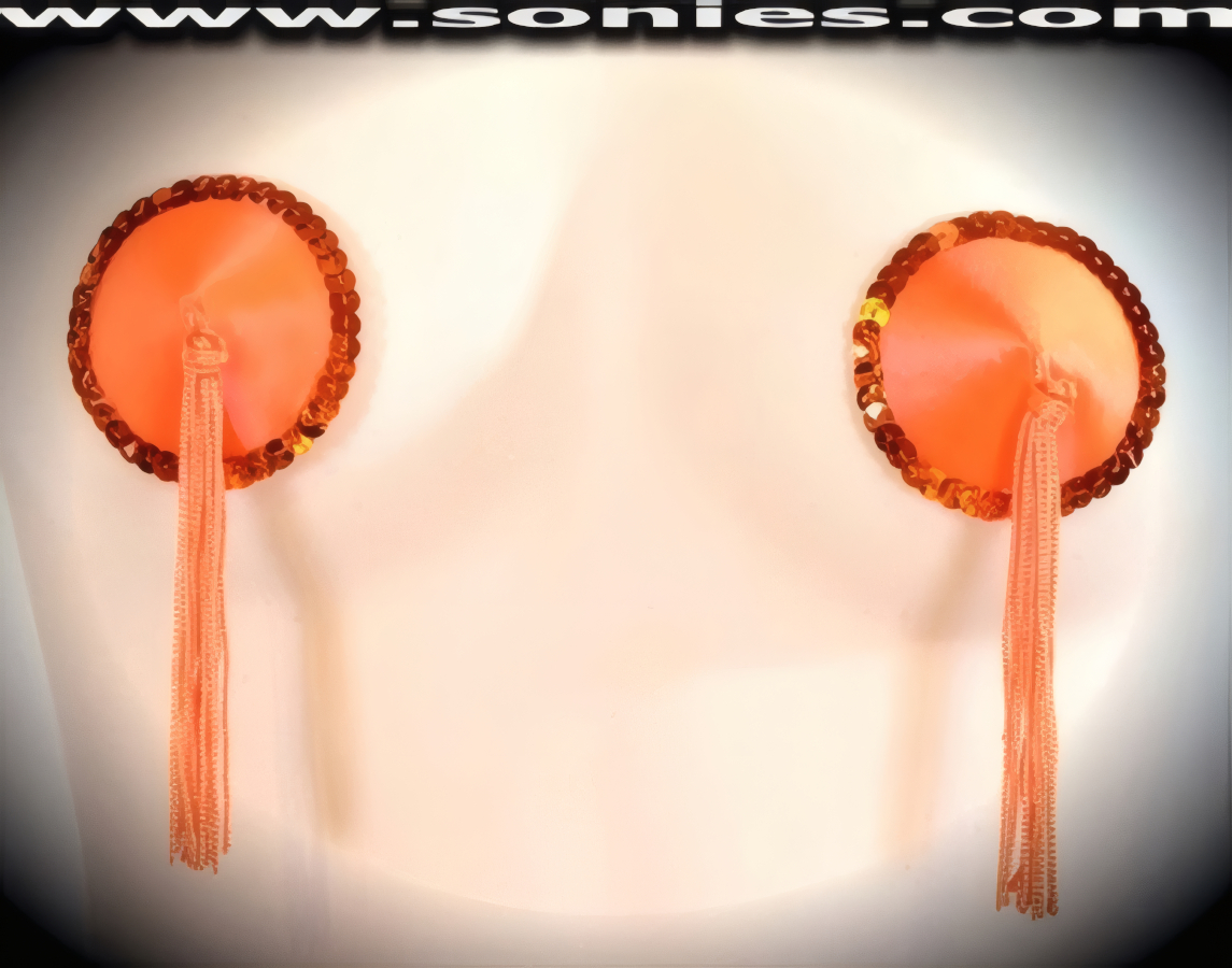 Provoke instant arousal wearing these extraordinarily hand crafted Afra satin fabric pasties with fine glimmer sequin edging accent for utmost radiance so that it is perfect under any lighting and attached tassels finally for added twirling and whirling effect (One pair per package with Glue included). For stage or bedroom performance and can be worn by Professionals or Semi Pro Burlesque Dancers.   Style: 7038AH8