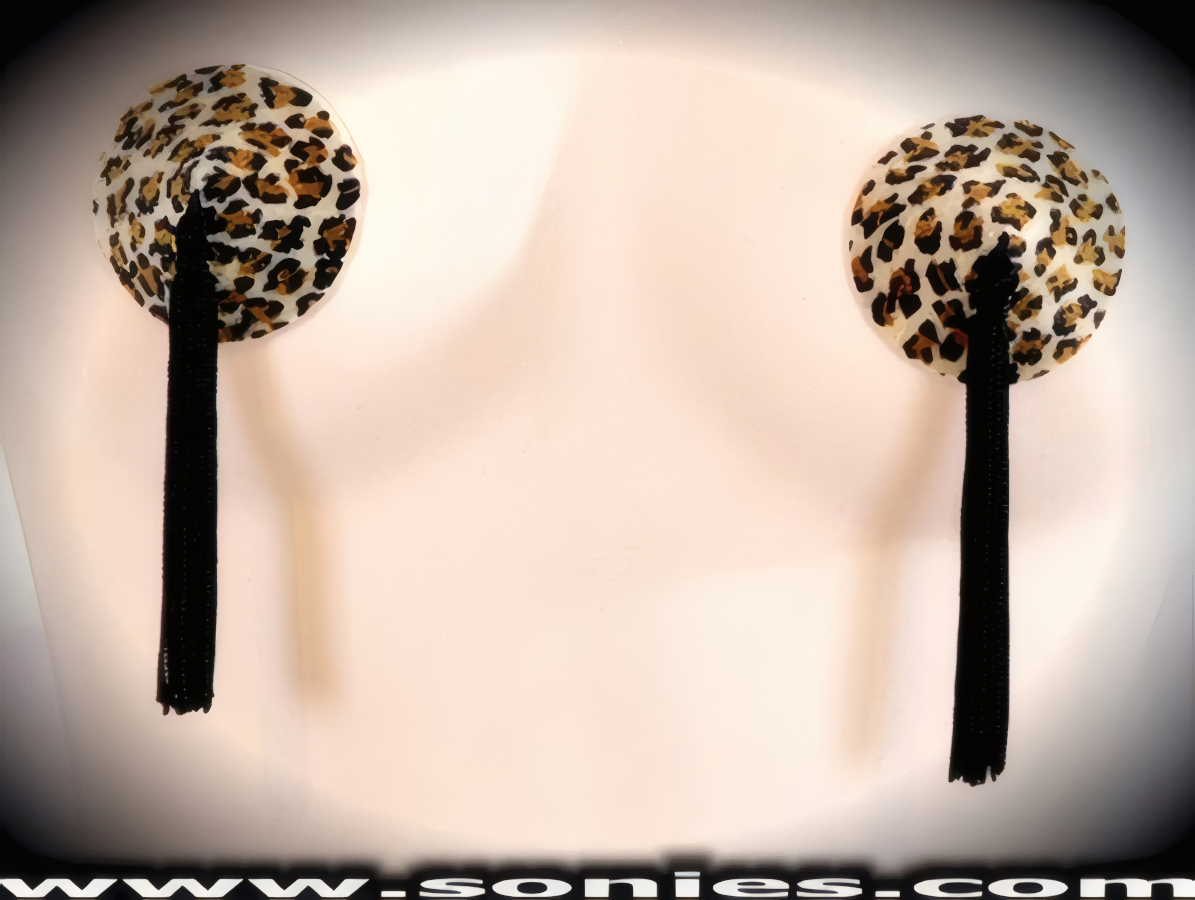 Wild, Wickedly Alluring yet Extraordinarily Wonderful-to-Wear Velvet Cheetah Print Fabric Pasties with attached Tassels Finally for added Twirling and Whirling effect (Glue Included).   Style: P149C